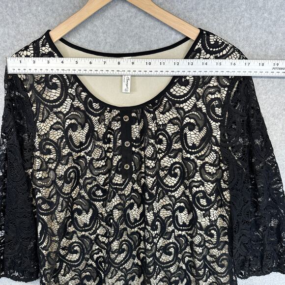 PerSeption Concept Top Womens Size XL Black Floral 3/4 Sleeve Lined Crochet Lace - Picture 9 of 12
